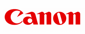 a red and white logo Canon